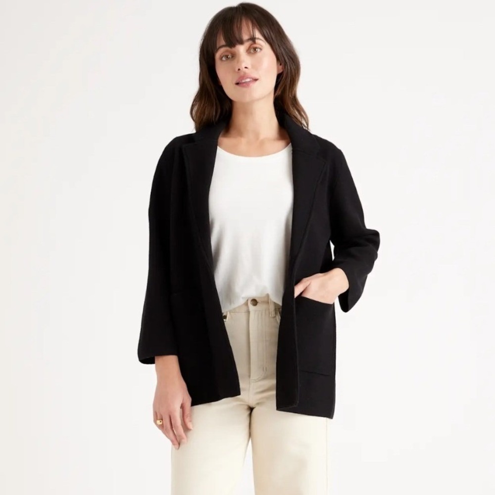 Quince 100% Organic Cotton Knit Blazer Black Bracelet Sleeve Jacket Size Medium